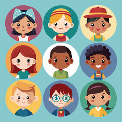 Character set of Avatars collection of children. Cute faces of different nationalities boys and girls. Vector illustration