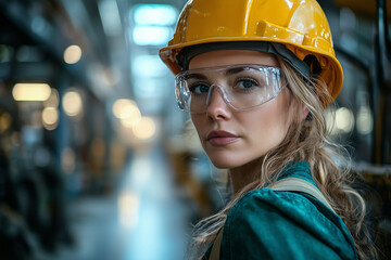 middle aged women industrial worker wearing safety glasses and a yellow helmet, female construction worker