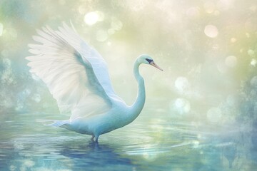 White Swan With Wings Spread on Blue Water