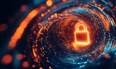 Glowing Padlock Inside a Swirling Vortex of Light