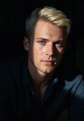 Fototapeta premium Handsome Blonde Man with Blue Eyes in Dark Background