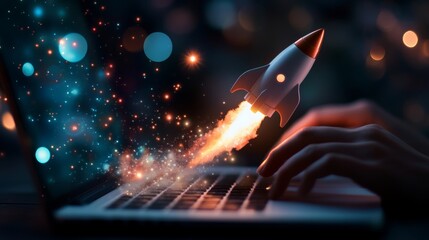 Close-up of hands typing on a laptop with a rocket flying out, a business idea concept.