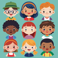 Character set of Avatars collection of children. Cute faces of different nationalities boys and girls. Vector illustration