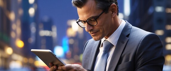 Businessman Using Tablet at Night: A successful businessman, clad in a sharp suit,  navigates the digital world with a focused intensity, illuminated by the vibrant cityscape in the background.  His e