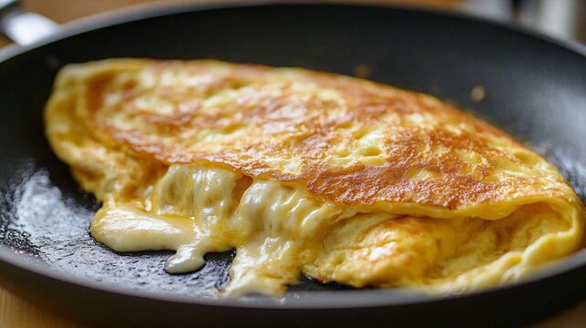 A close up of a fluffy omelette being folded in a non-stick pan, with melted cheese oozing out