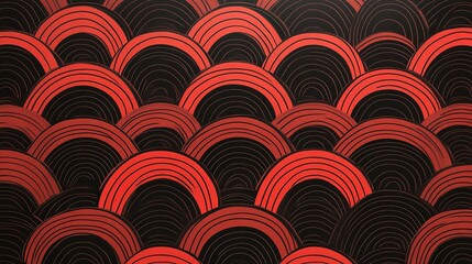 Abstract Pattern of Interlocking Red and Black Arcs