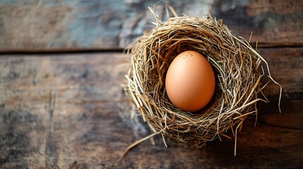 A close up of a single brown egg nestled in a small nest of straw, set against a rustic wooden background