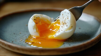 A close up of a soft-boiled egg being sliced open, with the runny yolk oozing out onto the plate