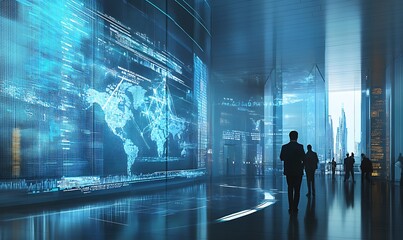 Silhouetted Figures in Modern Office Building with Digital World Map Projection