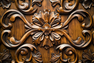 Wood carving. Textured flowers on the brown wood surface.