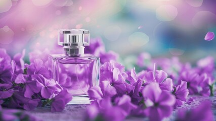 A glass perfume bottle sits amidst a bed of purple flowers, with a dreamy, blurred background.