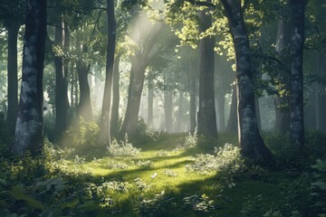 Naklejka premium Sunbeams Piercing Through a Dense Forest