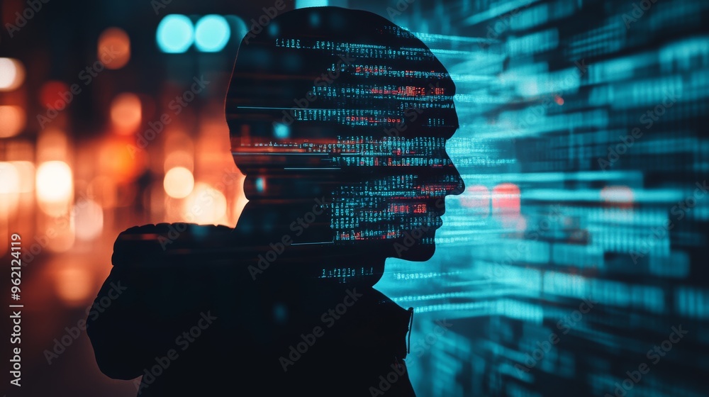 Aufkleber Man in a hood with binary code projected on his face, representing hacking and cybersecurity risks.