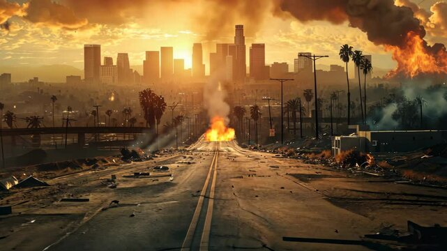 Desolate cityscape at twilight shows post-apocalyptic ruins and burning buildings