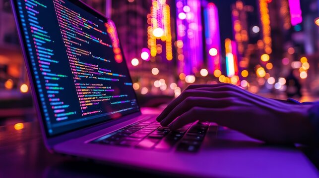 Hands typing code on a laptop in a vibrant city with colorful lights. Represents the digital world of coding, programming, and modern technology.