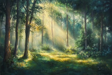 Obraz premium Sunbeams Filtering Through Dense Forest Canopy