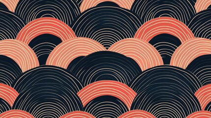 Abstract Geometric Pattern of Overlapping Arcs in Black, Red, and White