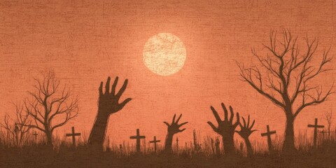 Halloween-themed spooky graveyard with zombie hands reaching out from the ground and pumpkins lit up in sky.