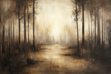 Naklejka premium A Misty Forest Pathway with Golden Light