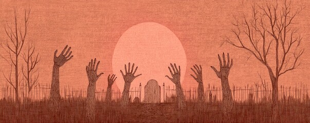 Naklejka premium Halloween-themed spooky graveyard with zombie hands reaching out from the ground and pumpkins lit up in sky.