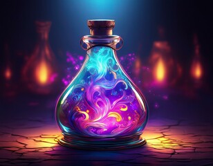 Glowing magical potion bottle, colorful liquids