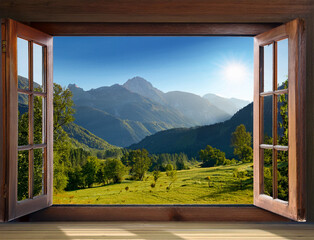An open window through which you can see a landscape with mountains. Landscape with mountains seen through an open window