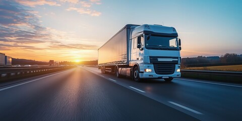 A white truck drives along a highway at sunset with a clear sky in the background, highlighting transportation and travel.