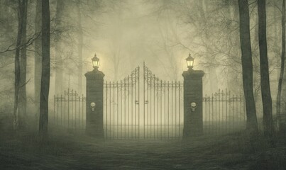 Halloween skeleton gate with lanterns and skeletons in a foggy forest background