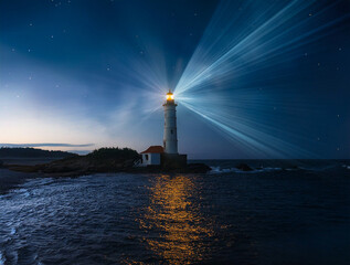 A lighted lighthouse on the shore of the swirling night sea