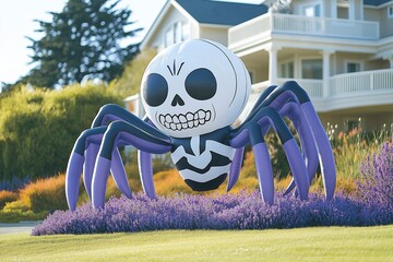 Inflatable black and white spider skeleton, giant plastic inflatable Halloween decorations on the lawn of a large house