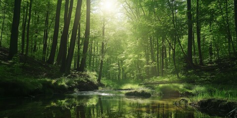 Fototapeta premium Sunlight streams through the dense, green foliage of a forest, highlighting the serene and lush natural beauty.