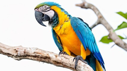 Obraz premium vibrant blue and yellow macaw parrot perched on branch isolated on white background exotic bird portrait highquality animal photography