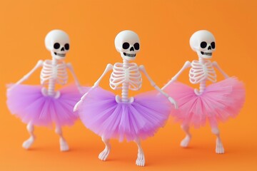 Three cute skeletons wearing pastel purple and pink tutus, moving in unison, against an orange background.