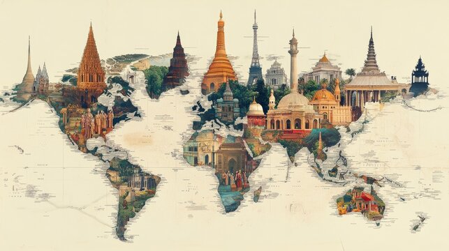 A digital map highlighting the global distribution of major religions, with key cultural landmarks.
