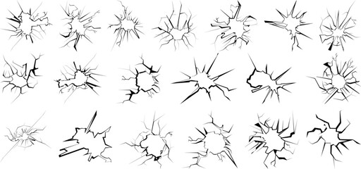 Set of Realistic Vector Cracked Glass and Broken Wall Effects for Design Projects, Shattered Glass and Wall Crack Elements Perfect for Illustrations, Backgrounds, and Special Effects