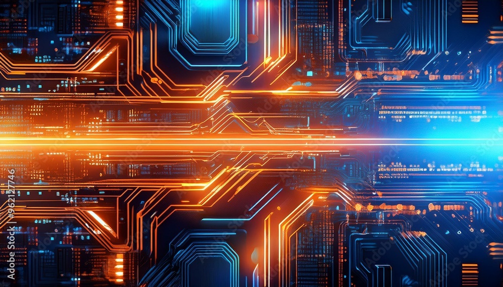 Canvas Prints futuristic neon circuit board vibrant orange and blue technology background with code elements, 3d r