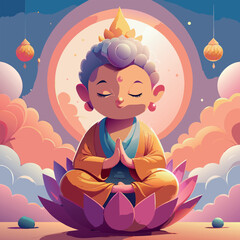 A cartoon of a Buddha boy sitting on a lotus flower. The boy is smiling and he is in a peaceful and calm state