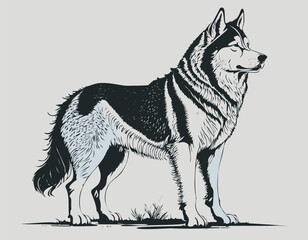 Fototapeta premium Alaskan Malamute German shepherd silhouette dog design. alopecies dog illustration, animal drawing.