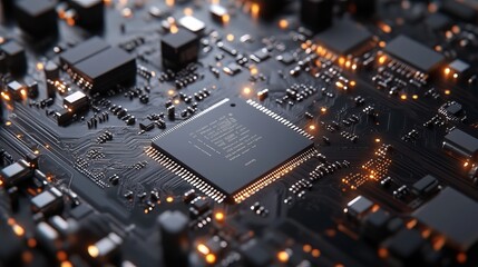 Fototapeta premium Close-up of a microchip and computer processor on a black printed circuit board, showing the internal components of an electronic device or supercomputer. 