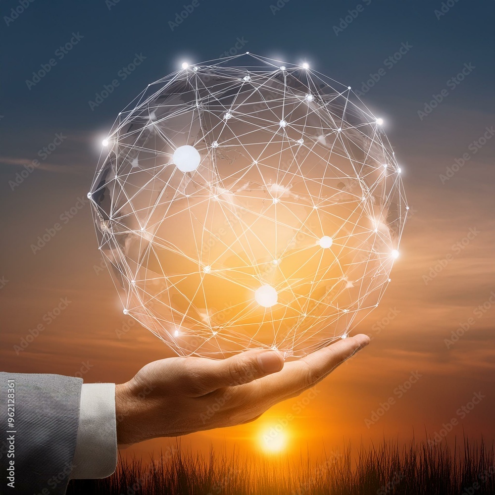 Wall mural hand of businessman connecting with global network circle against sunset sky - business networking, 