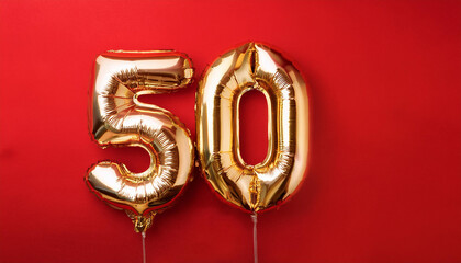 Balloon in shape of number 50 against vivid red backdrop. Happy Birthday. Holiday celebration
