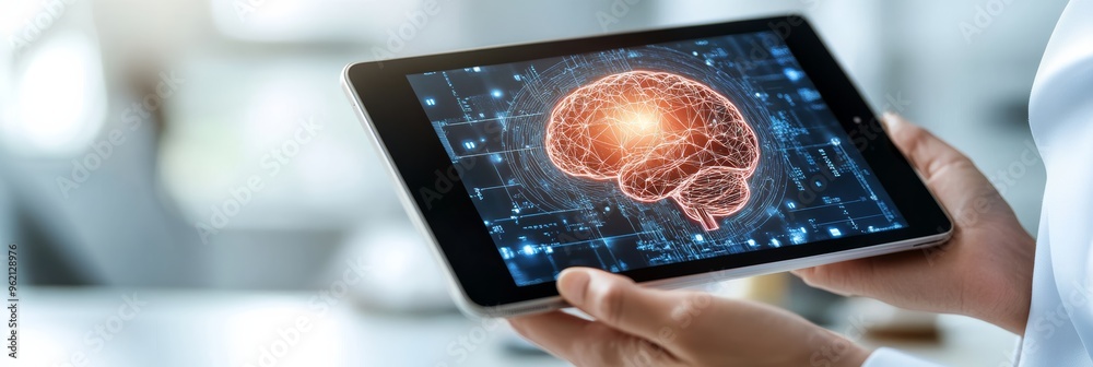 Poster person holding tablet displaying neural network brain hologram. concept of ai and future technology.