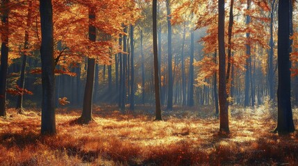 A forest bathed in autumn light, with trees displaying their full autumn splendor.