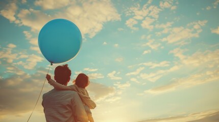 Father and Daughter Holding a Blue Balloon