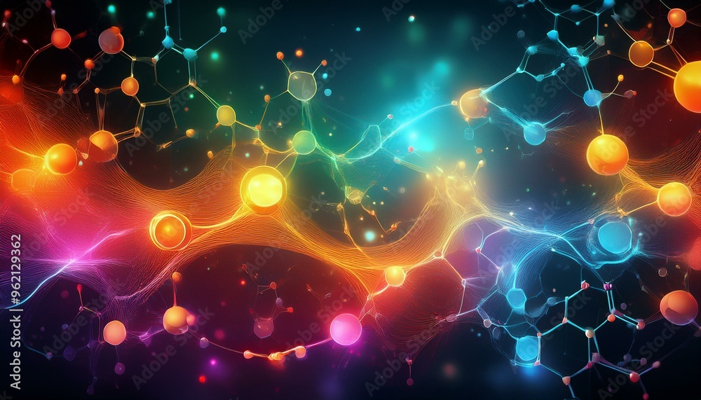 Wall mural vibrant abstract chemistry background with molecular structures and colorful reactions for science c