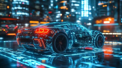 Fototapeta premium Futuristic automotive diagnostics in a digital realm. Holographic car concept symbolizes technological advancements and innovation in the automotive industry. 