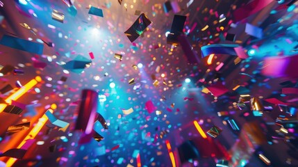 vibrant confetti explosion in a neonlit nightclub capturing the energy of a wild party dynamic camera angle freezes multicolored paper fragments midair against a pulsating light show