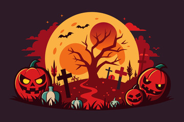 Blood Moon, Pumpkins, Zombies Halloween T-Shirt Vector Design