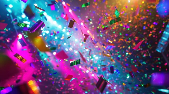 vibrant confetti explosion in a neonlit nightclub capturing the energy of a wild party dynamic camera angle freezes multicolored paper fragments midair against a pulsating light show
