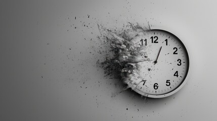 A clock exploding into pieces against a white background, symbolizing the fleeting nature of time.